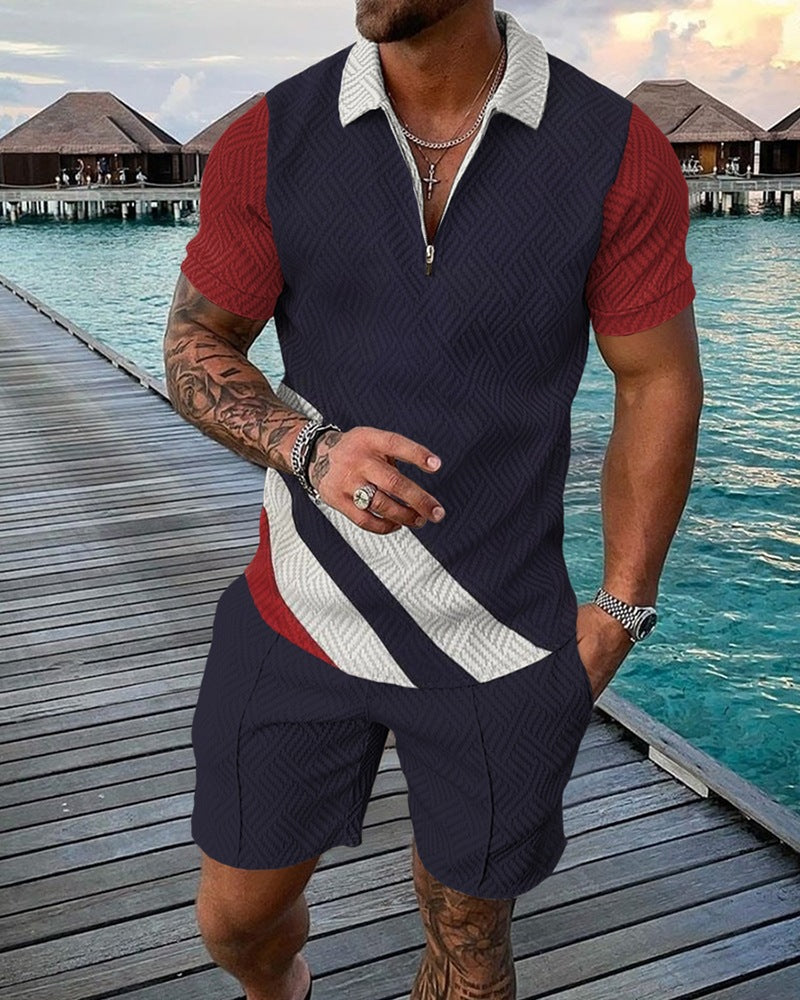 Short Sleeve Striped Zip Polo Suit