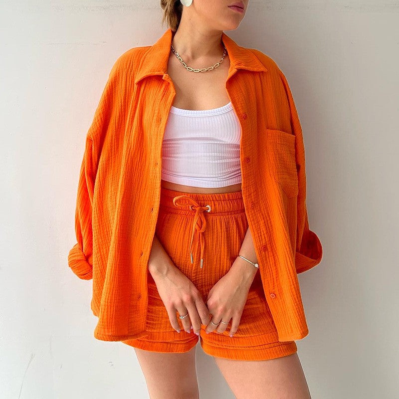 Long Sleeve Shirt High Waist Drawstring Shorts