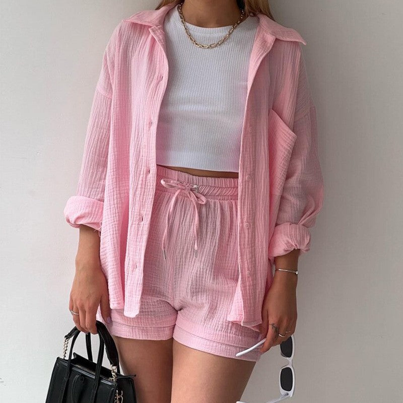 Long Sleeve Shirt High Waist Drawstring Shorts