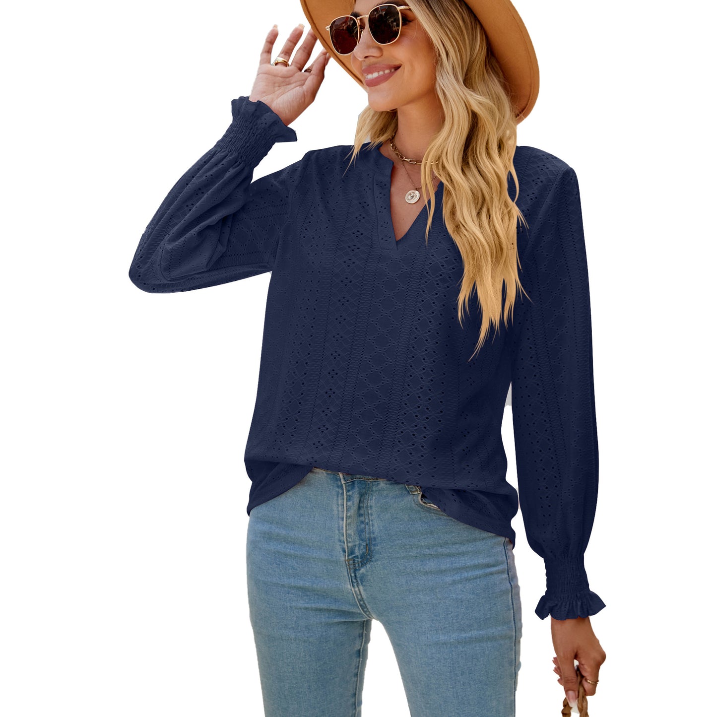 V-neck Loose Long Sleeve Tops