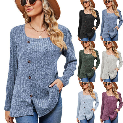 Loose Square Collar Button Long Sleeve Top