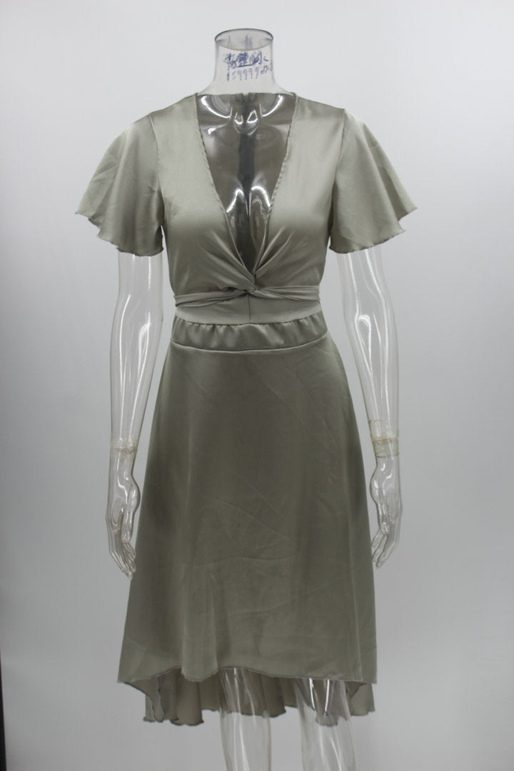 Short Sleeve V-neck Asymmetric Skirt Dress