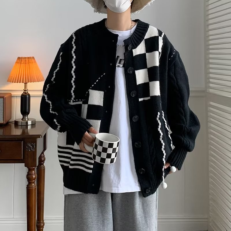 Black And White Color-contrast Check Sweater