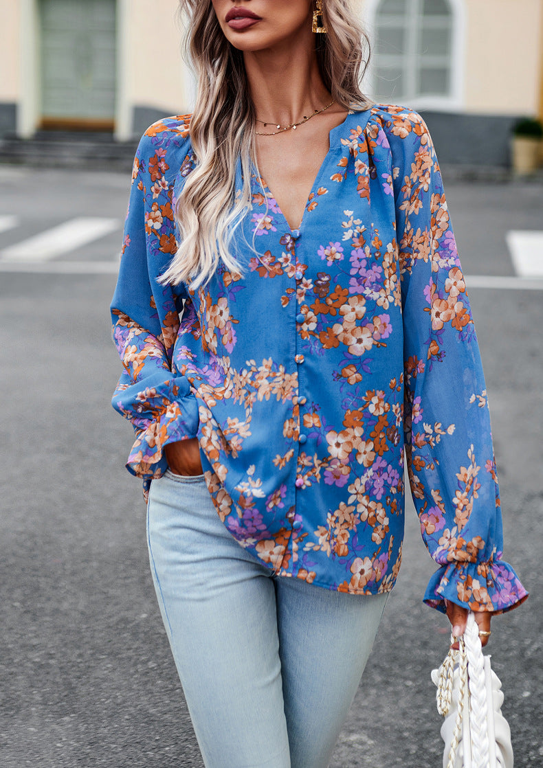 Floral Print V Neck Long Sleeve Shirts