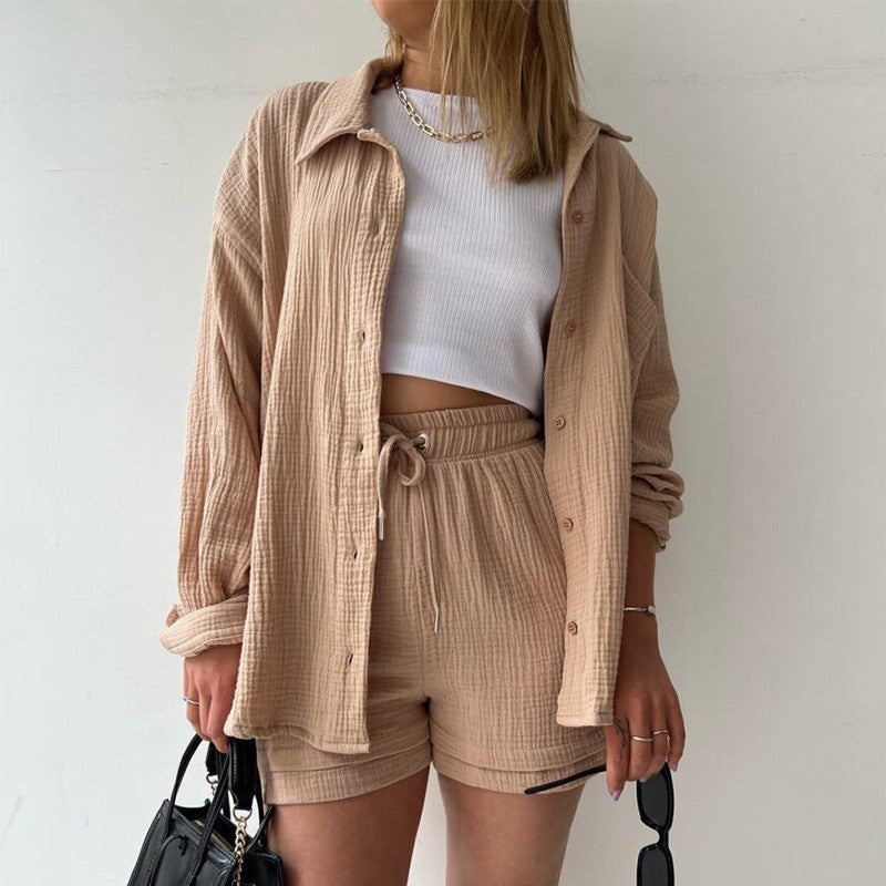 Long Sleeve Shirt High Waist Drawstring Shorts