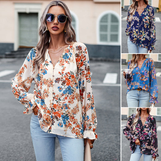 Floral Print V Neck Long Sleeve Shirts