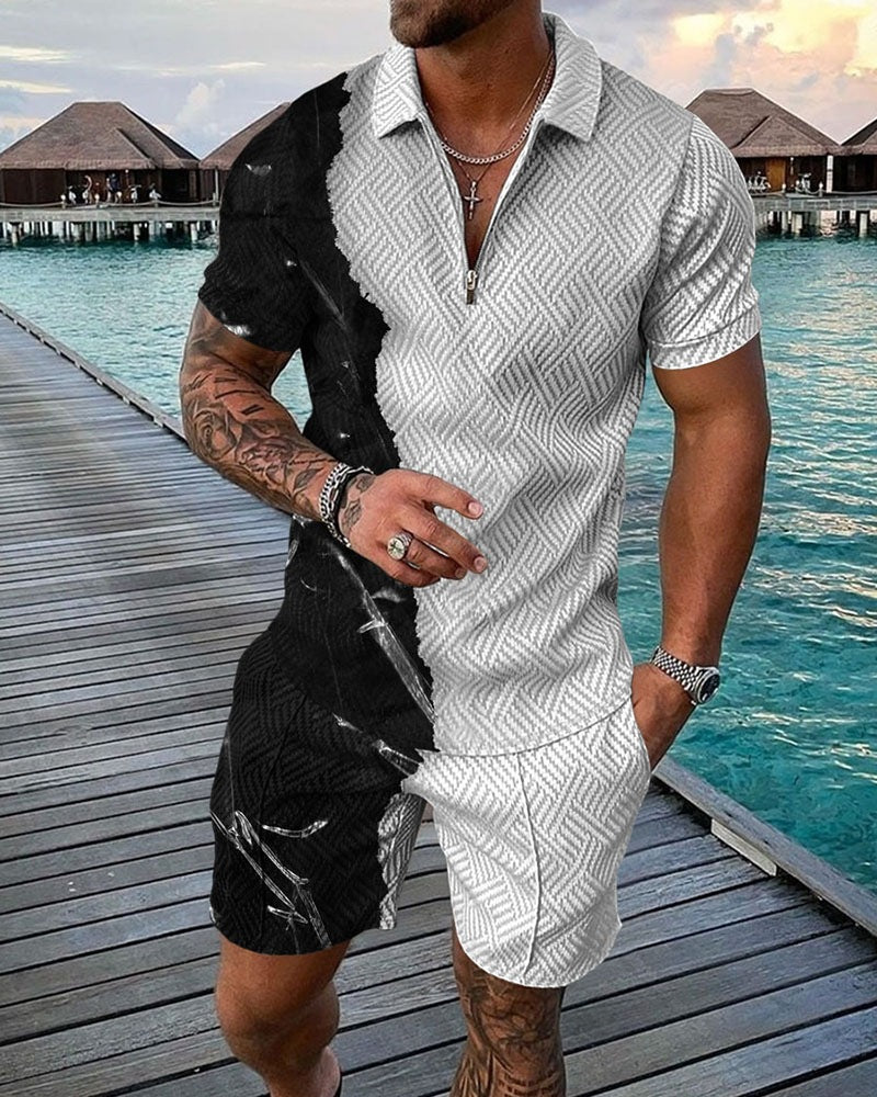 Short Sleeve Striped Zip Polo Suit