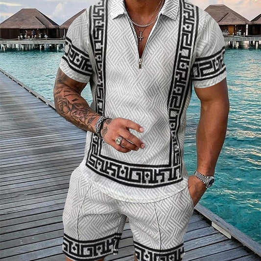 Short Sleeve Striped Zip Polo Suit