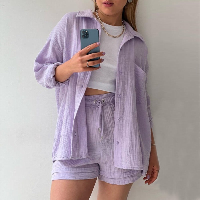 Long Sleeve Shirt High Waist Drawstring Shorts