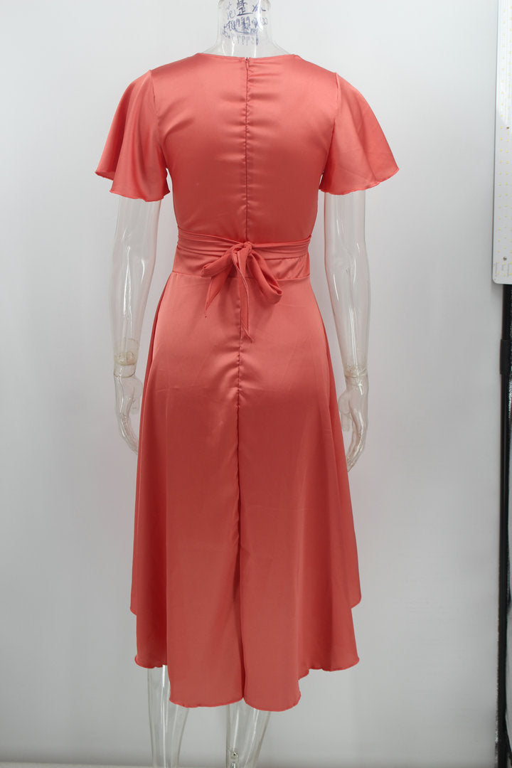 Short Sleeve V-neck Asymmetric Skirt Dress