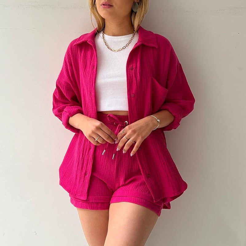 Long Sleeve Shirt High Waist Drawstring Shorts