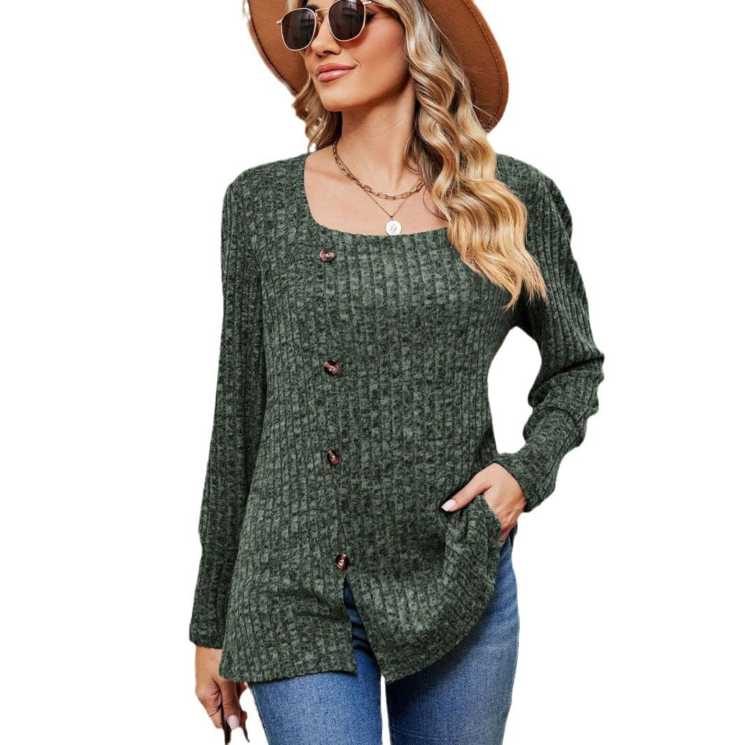 Loose Square Collar Button Long Sleeve Top