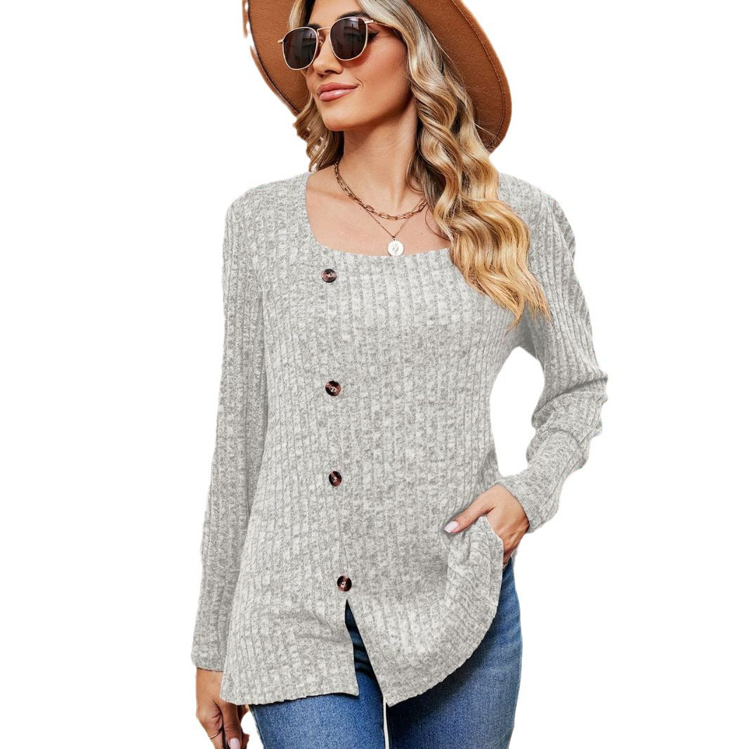 Loose Square Collar Button Long Sleeve Top