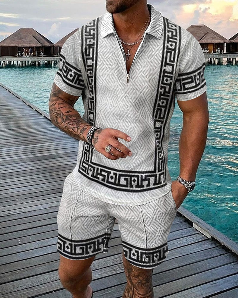 Short Sleeve Striped Zip Polo Suit