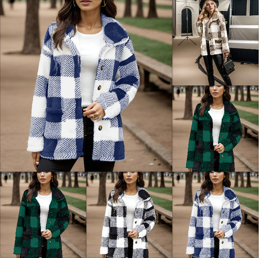 Long Sleeve Plaid Loose Jacket