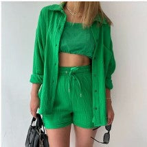 Long Sleeve Shirt High Waist Drawstring Shorts