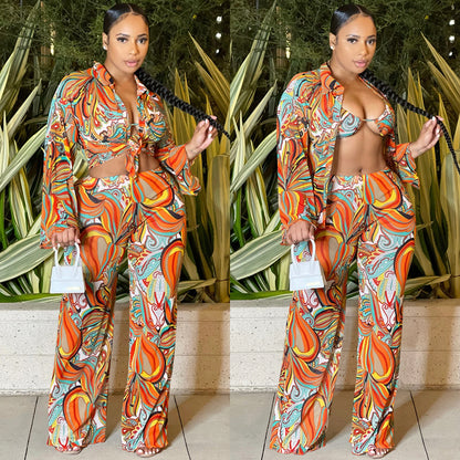 Mesh Sheer Print Long Sleeve Three Piece