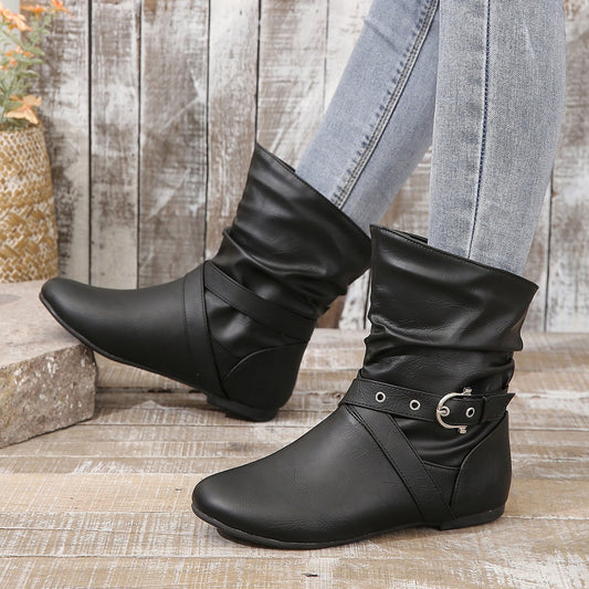 Round Toe Pleated Ankle Boots