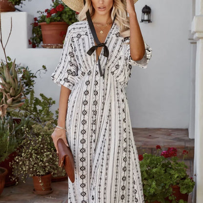 Bohemian V Neck Short Sleeves Dress