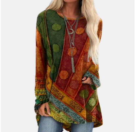 Printed Loose Round Neck Long Sleeve T-Shirt