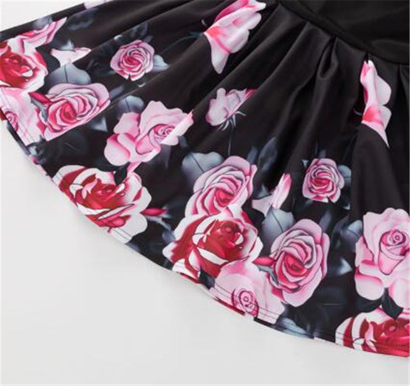 Round neck waist print rose dress