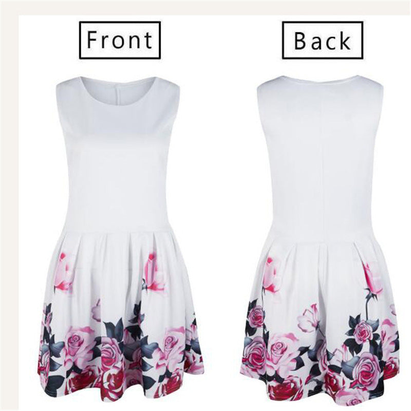 Round neck waist print rose dress