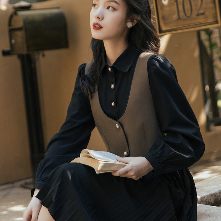 Retro Style Dress With Two-piece Vest Pleated Skirt