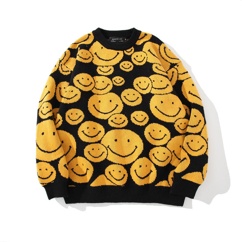 Mens Casual Smiley face Oversied Knitted Sweater