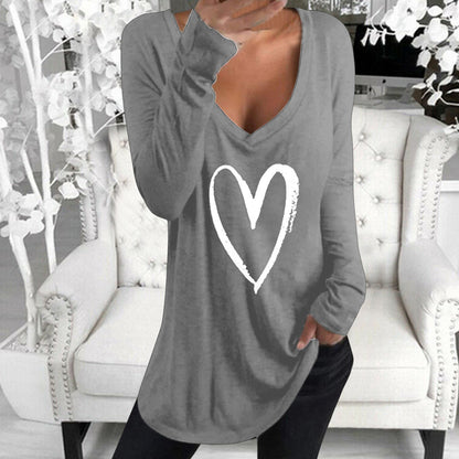 V-Neck Heart Printed Casual Top T-Shirt