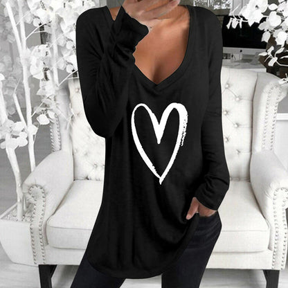 V-Neck Heart Printed Casual Top T-Shirt