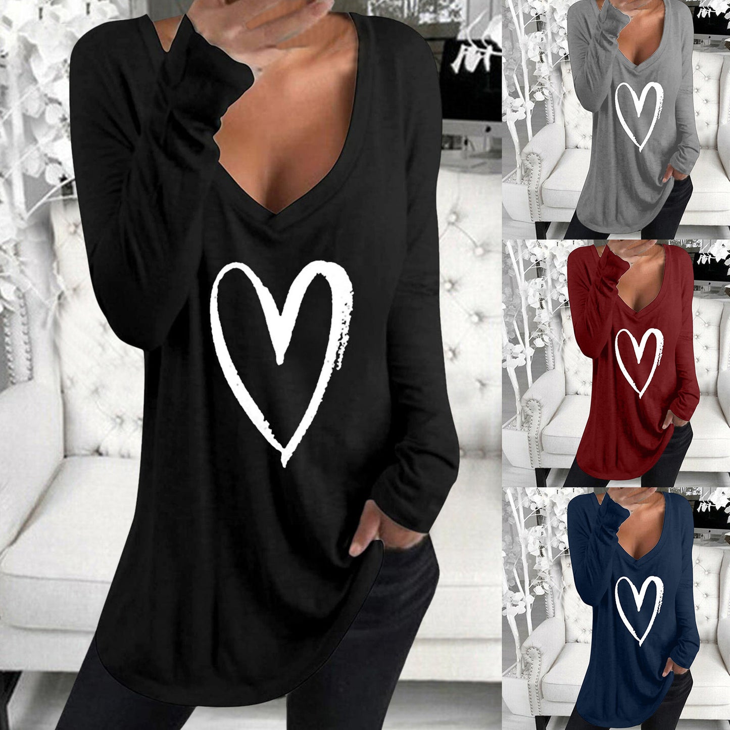 V-Neck Heart Printed Casual Top T-Shirt
