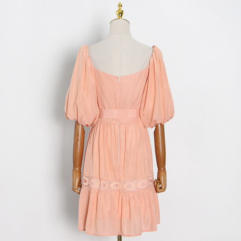 Lace-up Waist Solid Color Dress