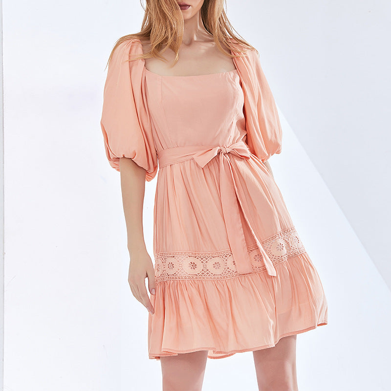 Lace-up Waist Solid Color Dress
