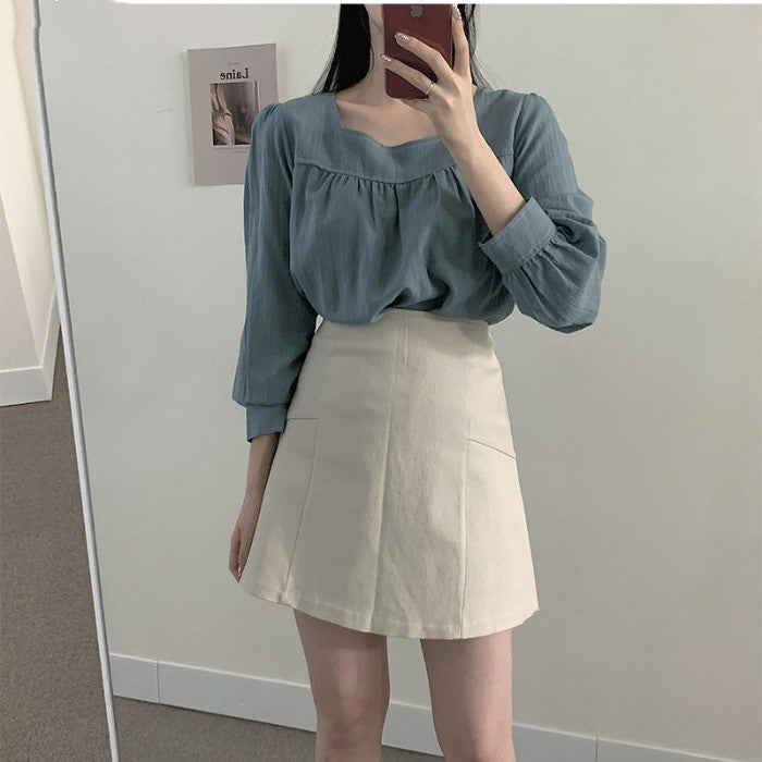 Square Neck Bubble Sleeve Shirt Skirt