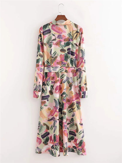 Loose V-neck Long-sleeved Printed Dress