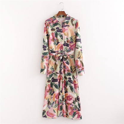 Loose V-neck Long-sleeved Printed Dress