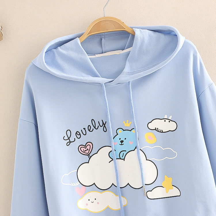 Cartoon Bear Print Casual Hooded Sweatshirt