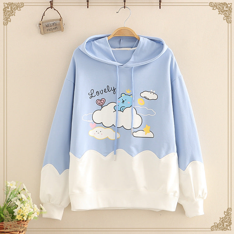 Cartoon Bear Print Casual Hooded Sweatshirt