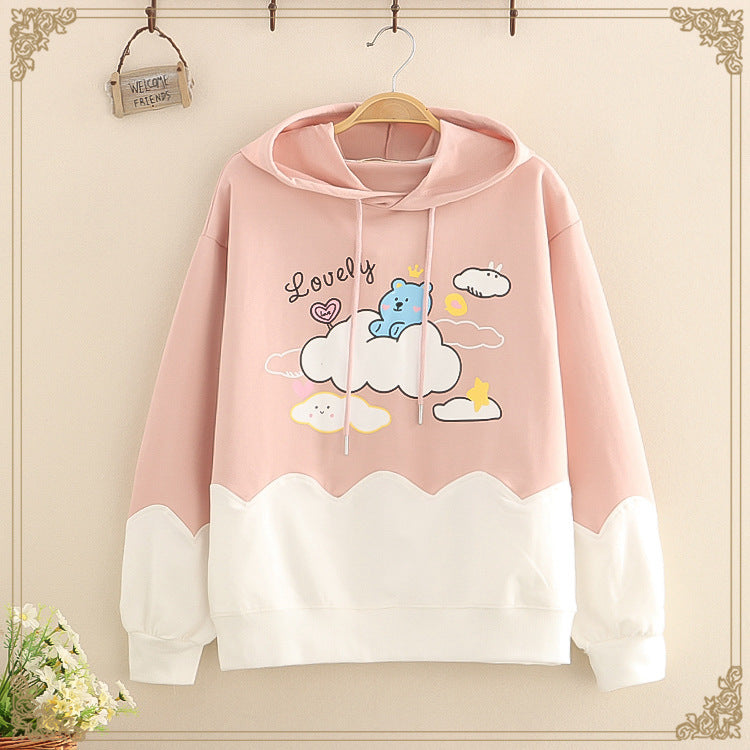 Cartoon Bear Print Casual Hooded Sweatshirt