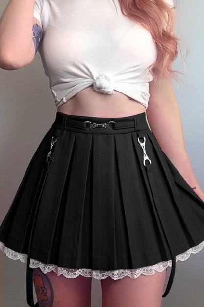 High-waist Lace Stitching Pleated Skirt
