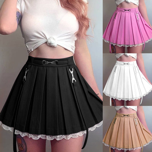 High-waist Lace Stitching Pleated Skirt