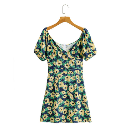 Square Neck Waist Printed Puff Sleeve Dress