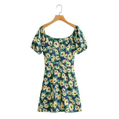 Square Neck Waist Printed Puff Sleeve Dress