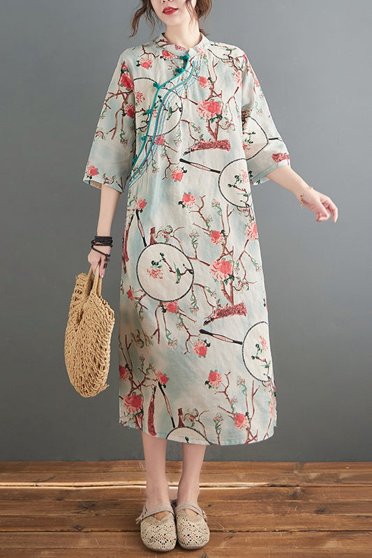 Mid-Length Printed Linen Dress
