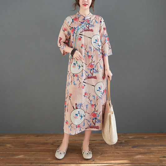 Mid-Length Printed Linen Dress