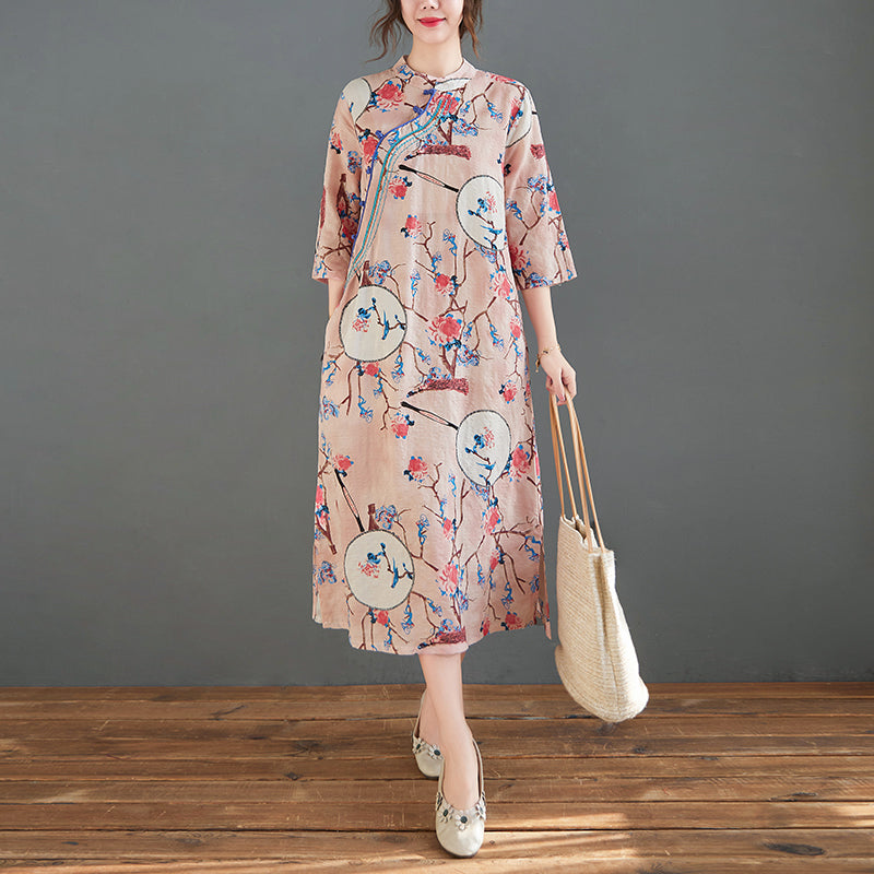 Mid-Length Printed Linen Dress