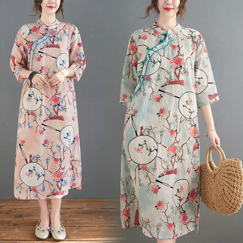 Mid-Length Printed Linen Dress