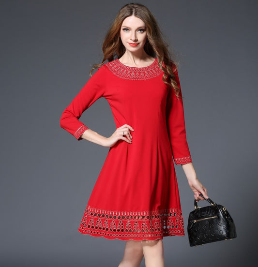 A-Line Long-Sleeved Embroidery Dress