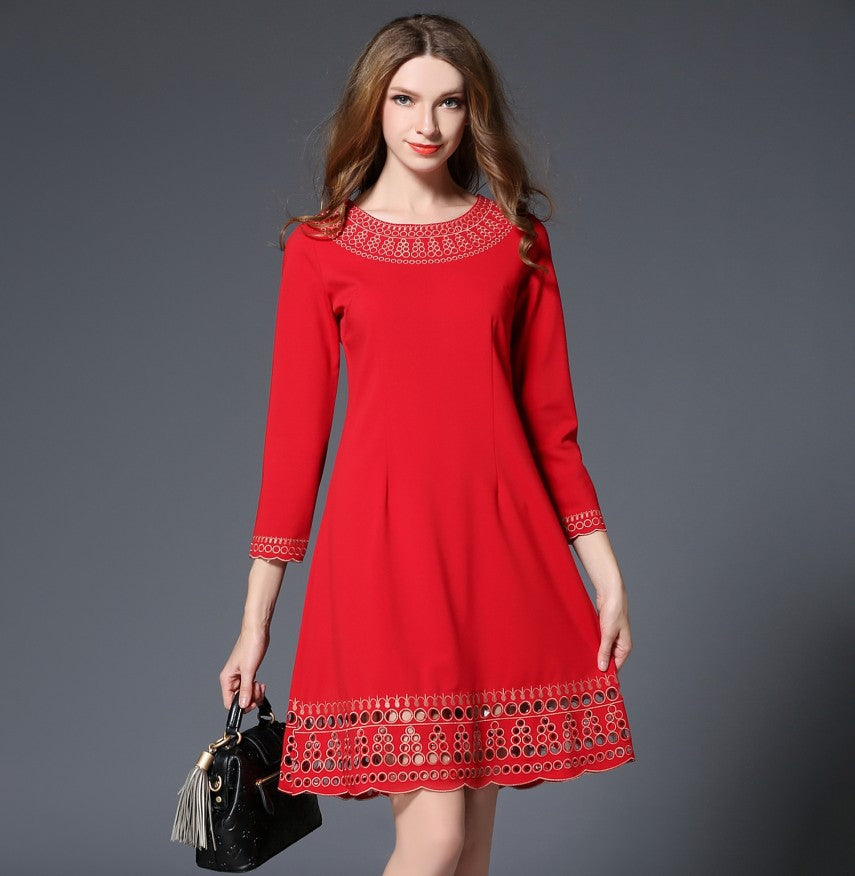 A-Line Long-Sleeved Embroidery Dress