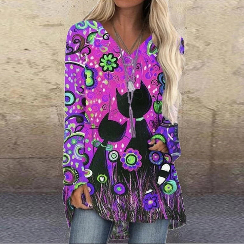 Loose Long-sleeved V-neck Mid-length Printed T-shirt